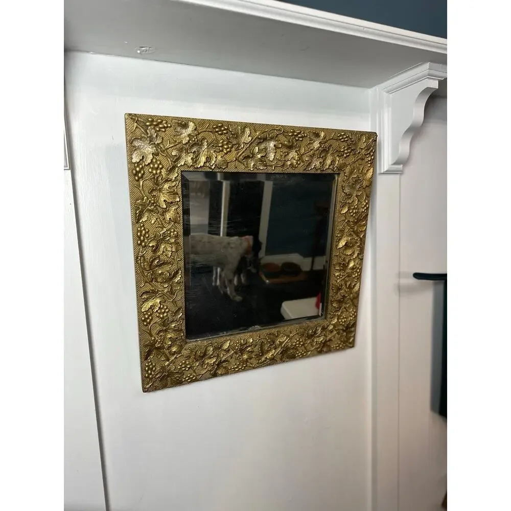 Vintage Square Wall Mirror Gold Gild Repousse’ Frame Ornate Vine & Fruit Motiff
